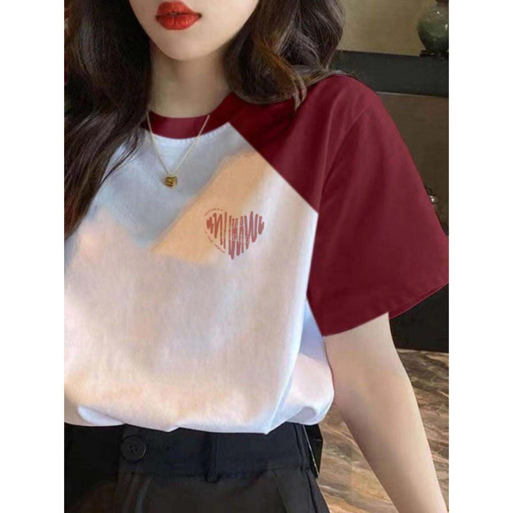 T-shirt da donna a maniche corte con design sulle spalle, top color block primavera ed estate, stile coreano, scollo rotondo ampio