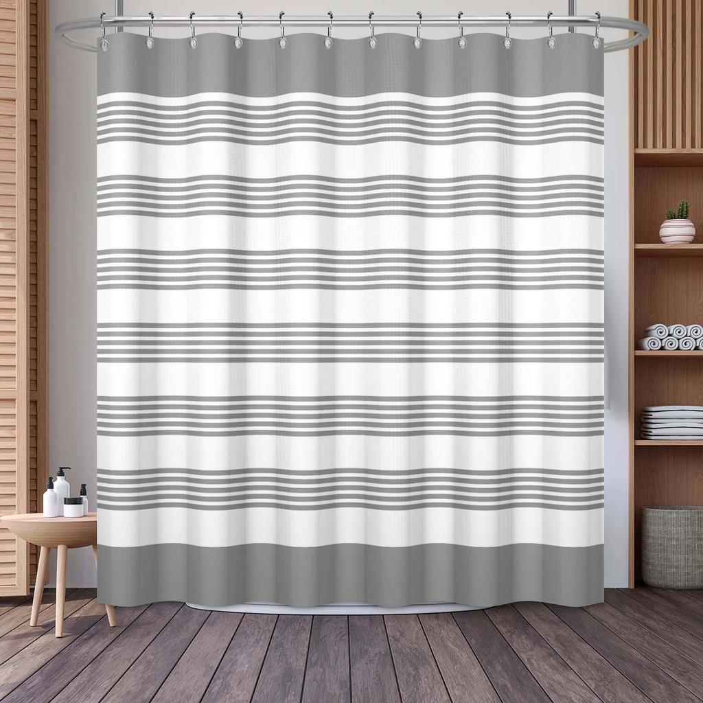 Waffle Shower Curtains Modern Hotel Style Striped Geometric Pattern Bath Decor Waterproof Polyester Bathroom Curtain with Hooks