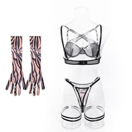 1 Set Damen Unterwäsche Set Inklusive Handschuhe und Oberschenkelringe Kettendekor Herzprint G-String Ausgeschnitten Verstellbares Kreuz