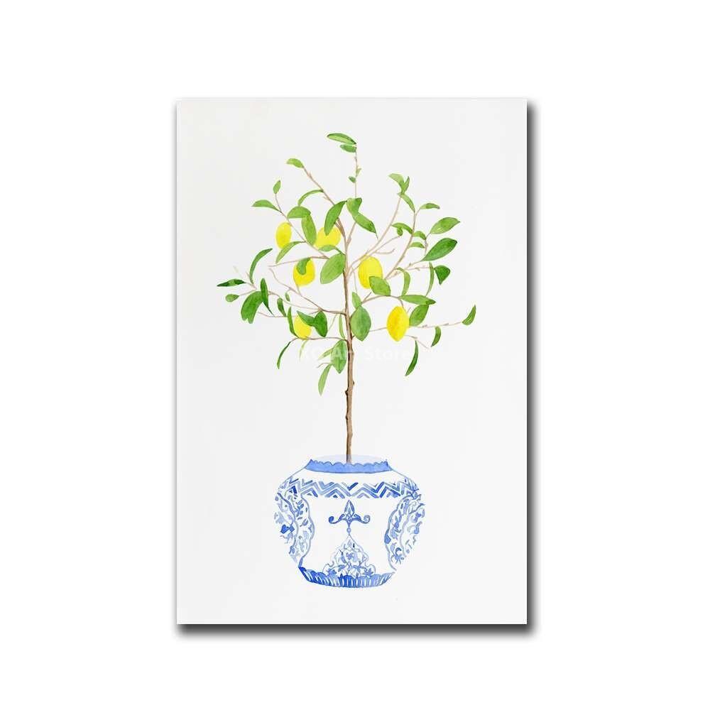 Chinese Wind Porcelain Watercolor Printing Ginger Jar Vase Plant Poster Antique Blue and White Porcelain Canvas Painting Decor