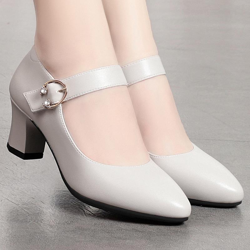 Spring soft-soled thick heel one-button high-heeled single shoes women's medium heel pointed tip shallow buckle small leather shoes tide