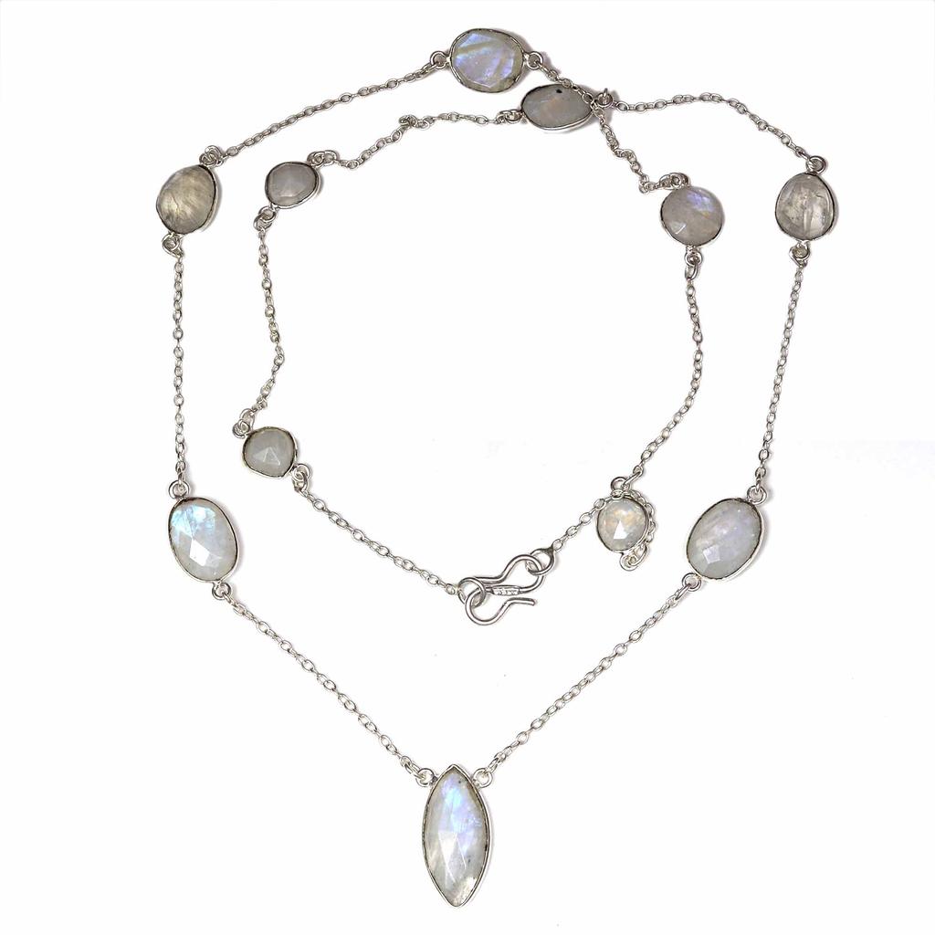 Necklace Moonstone Feceted Gemstone HandmadeAntique Silver Jewelry 35''