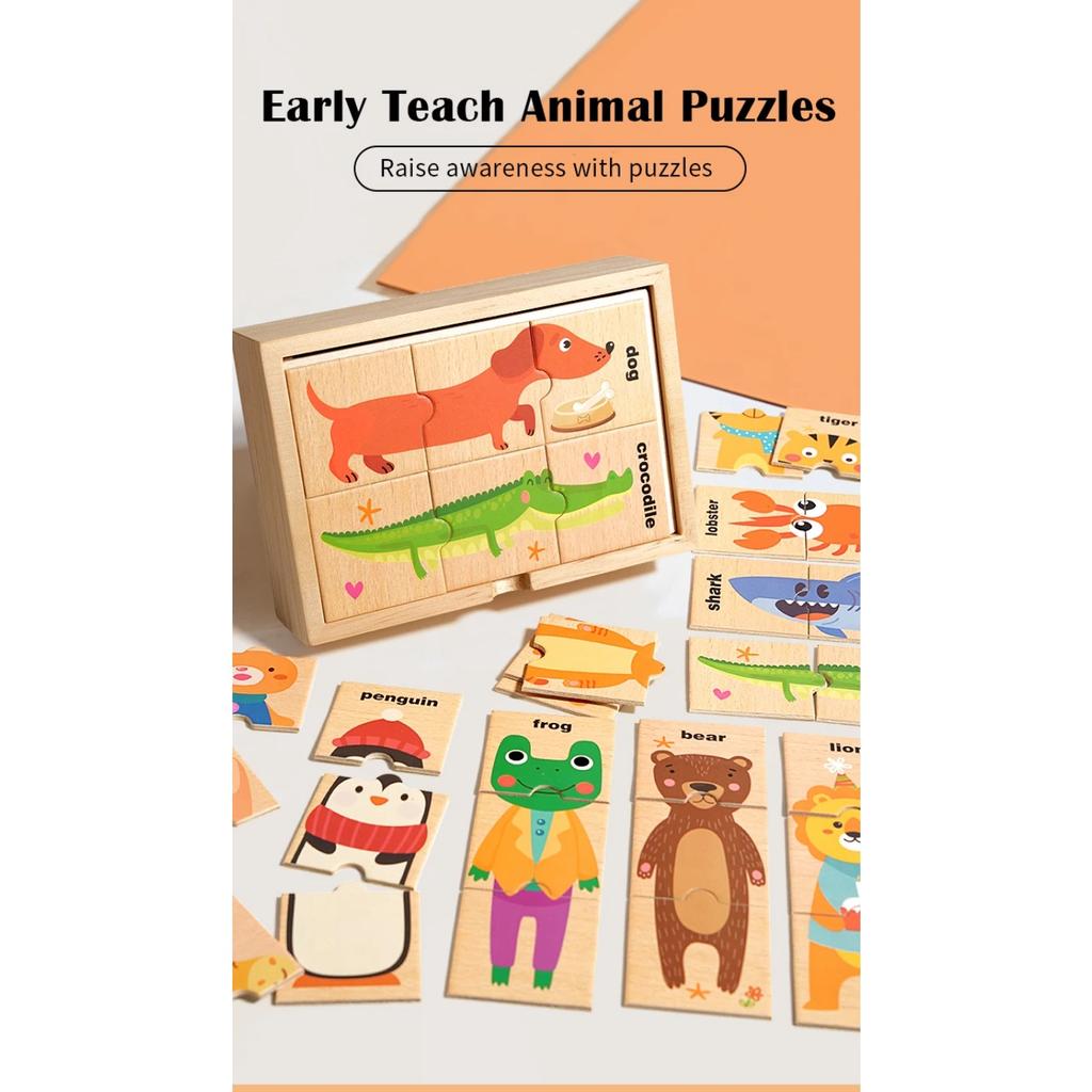 Drewniana zabawka edukacyjna Montessori Gra pamięciowa z dopasowywaniem wzorów zwierząt dla dzieci Poznawanie słów angielskich Układanka planszowa Prezent dla dzieci
