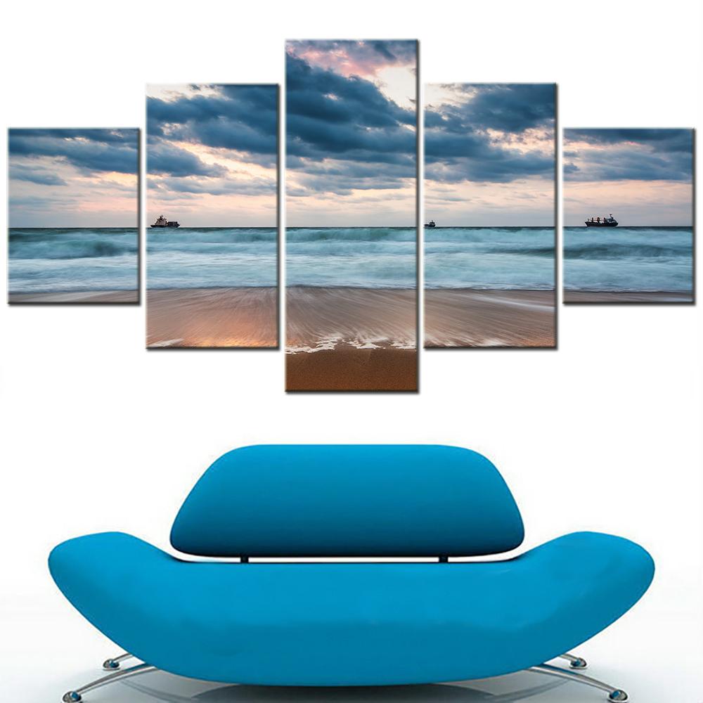 

5 Panel Canvas Painting Wall Art Home Decor Picture Sea Wave Cloudy Beach Seascape Poster Print Modular Bedroom Decoration 20X35 20X45 20X55CM