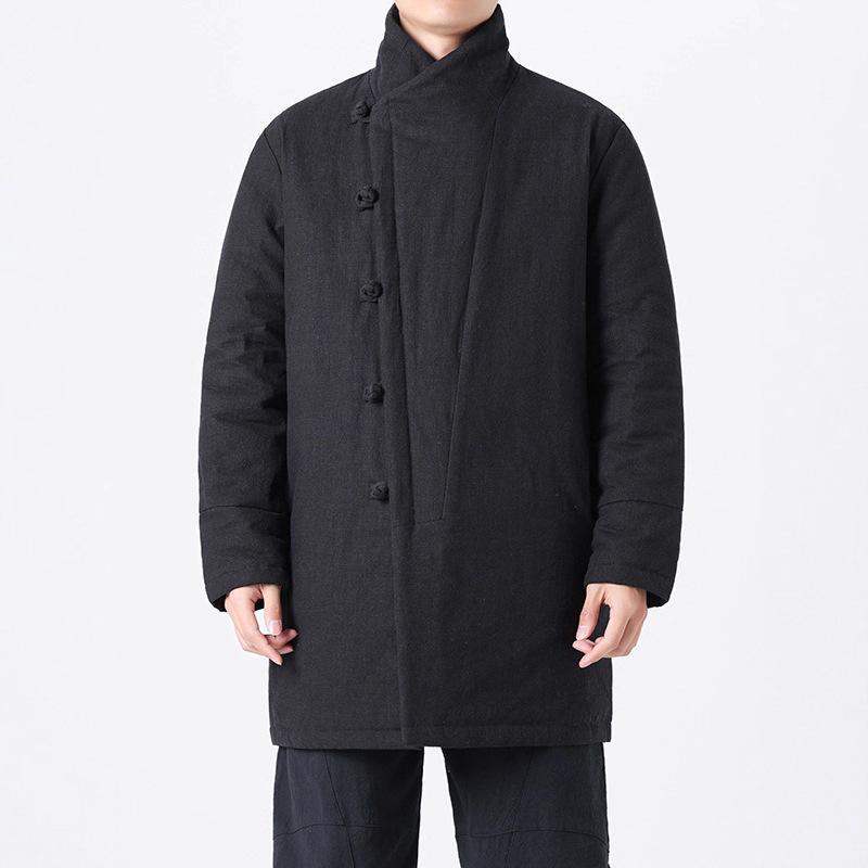 Pánská silná bavlněná lněná bunda v čínském stylu s žabími knoflíky, stojáčkem, střední délky, velikost Plus Size Tang oblek.