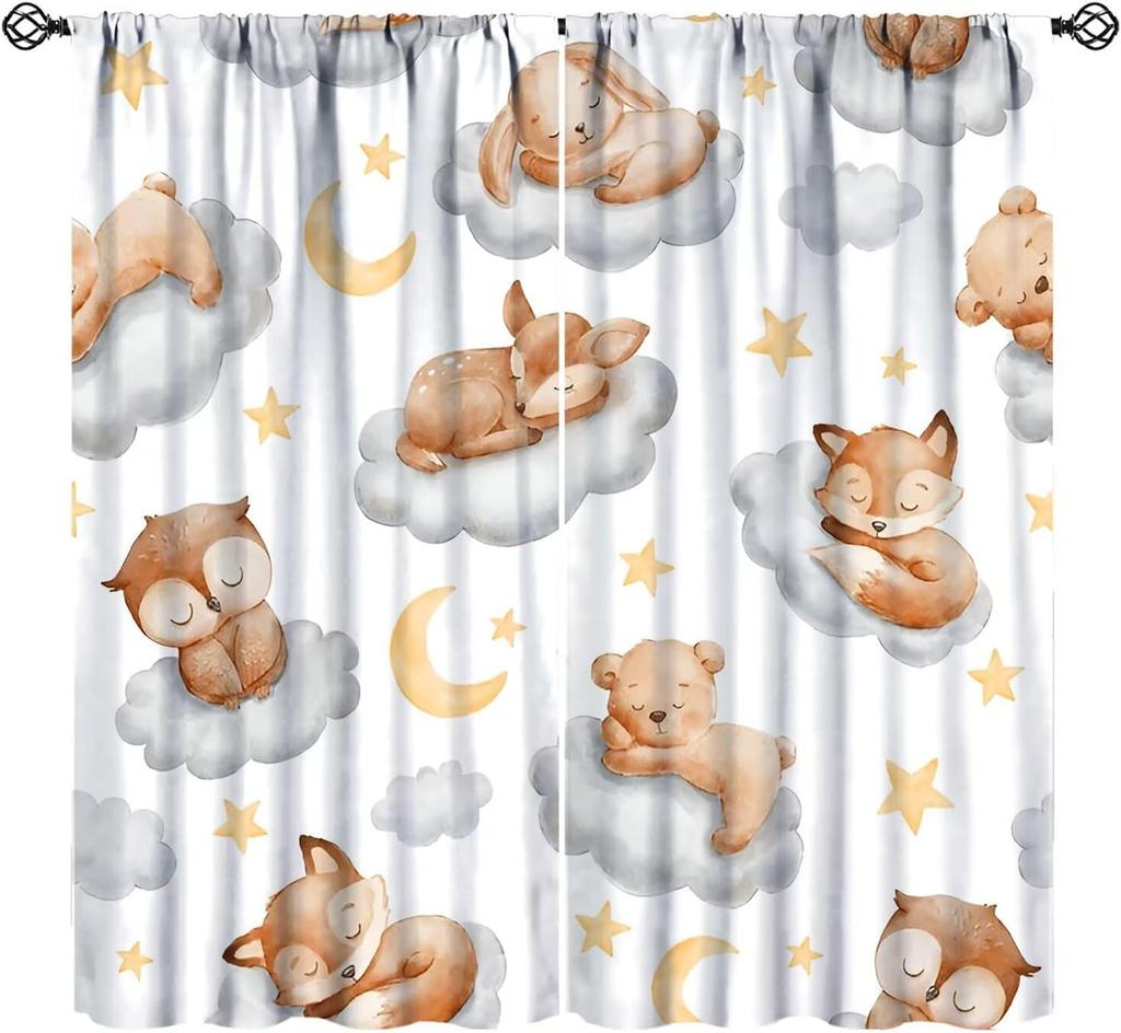Kids Safari Animals Curtains Tropical Jungle Adventure African Lion Elephant Monkey Print Window Drapes Baby Curtain Polyester
