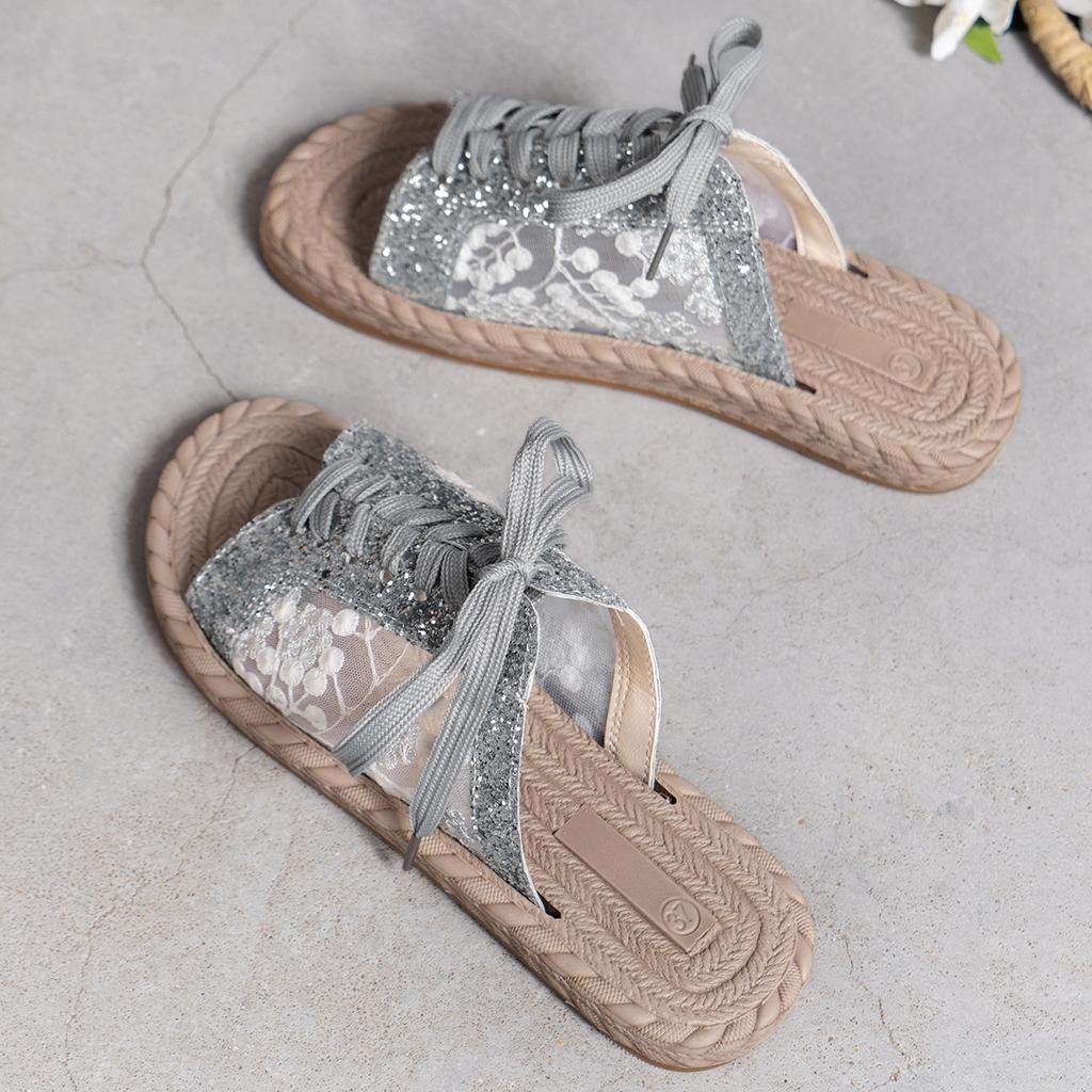 Módní velké velikosti křišťálové květiny dámské pantofle módní otevřená špička s nízkým podpatkem dámské letní ležérní útulné pantofle dámské žabky