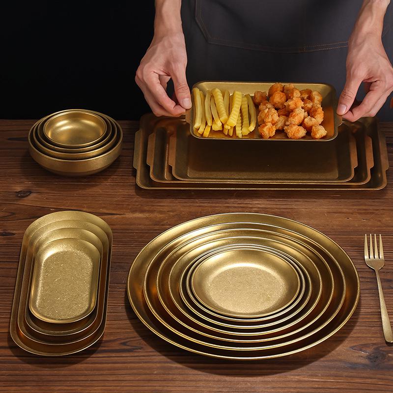 Retro Gold Stainless Steel Tableware Set: Rectangular Plate, Seasoning Dish, Bowl, Water Cup, Chopsticks, Spoon.