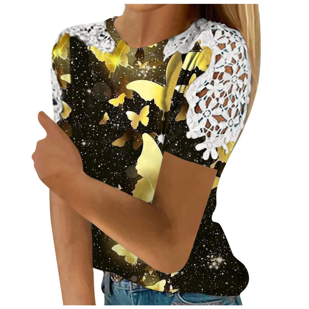 Women's Fashion Lace Hollow Print Round Neck Short Sleeve T-shirt Top