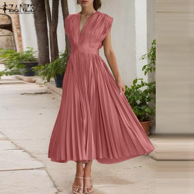 Damen Sommerkleid, lässig, V-Ausschnitt, kurzärmelig, locker, plissiert