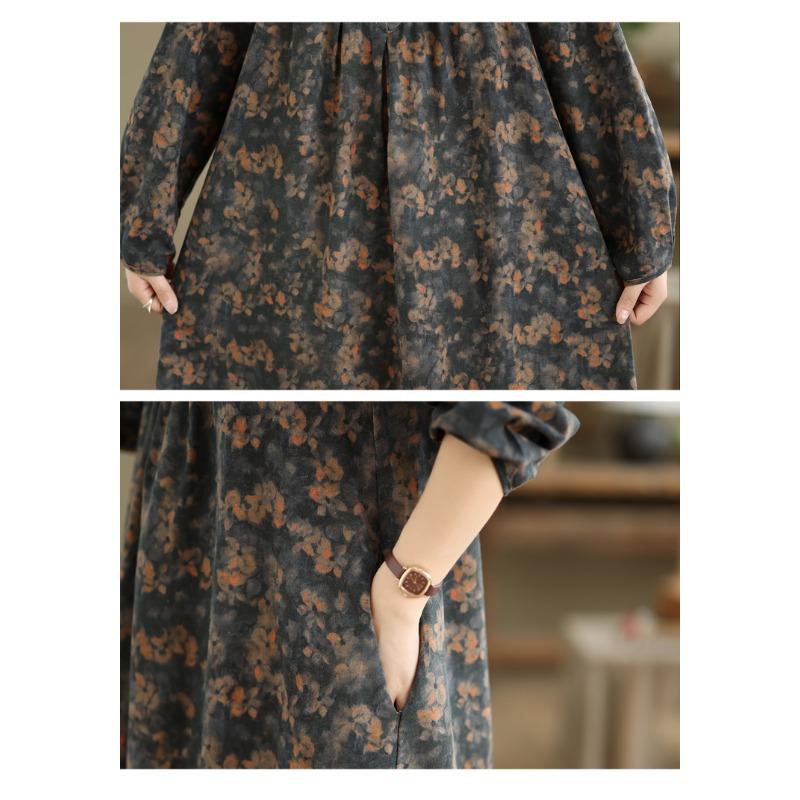 DIMANAF Women Plus Size Autumn Long Sleeve Vintage Dress Floral Loose Casual Oversize Maxi Cotton Linen Dress 2025
