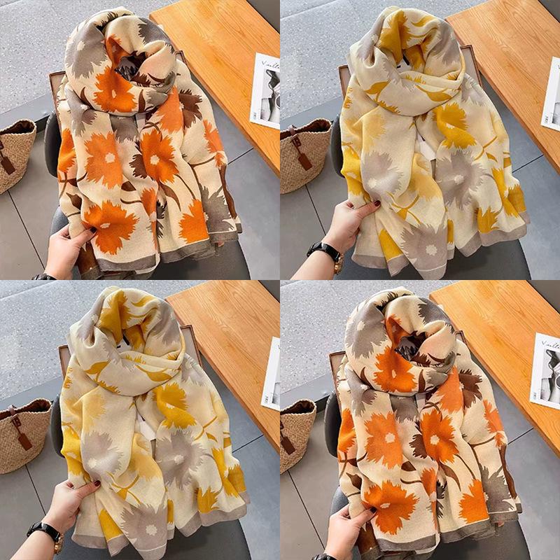 Korean Style Floral Cotton Linen Scarf - Versatile Autumn/Winter Shawl for Women