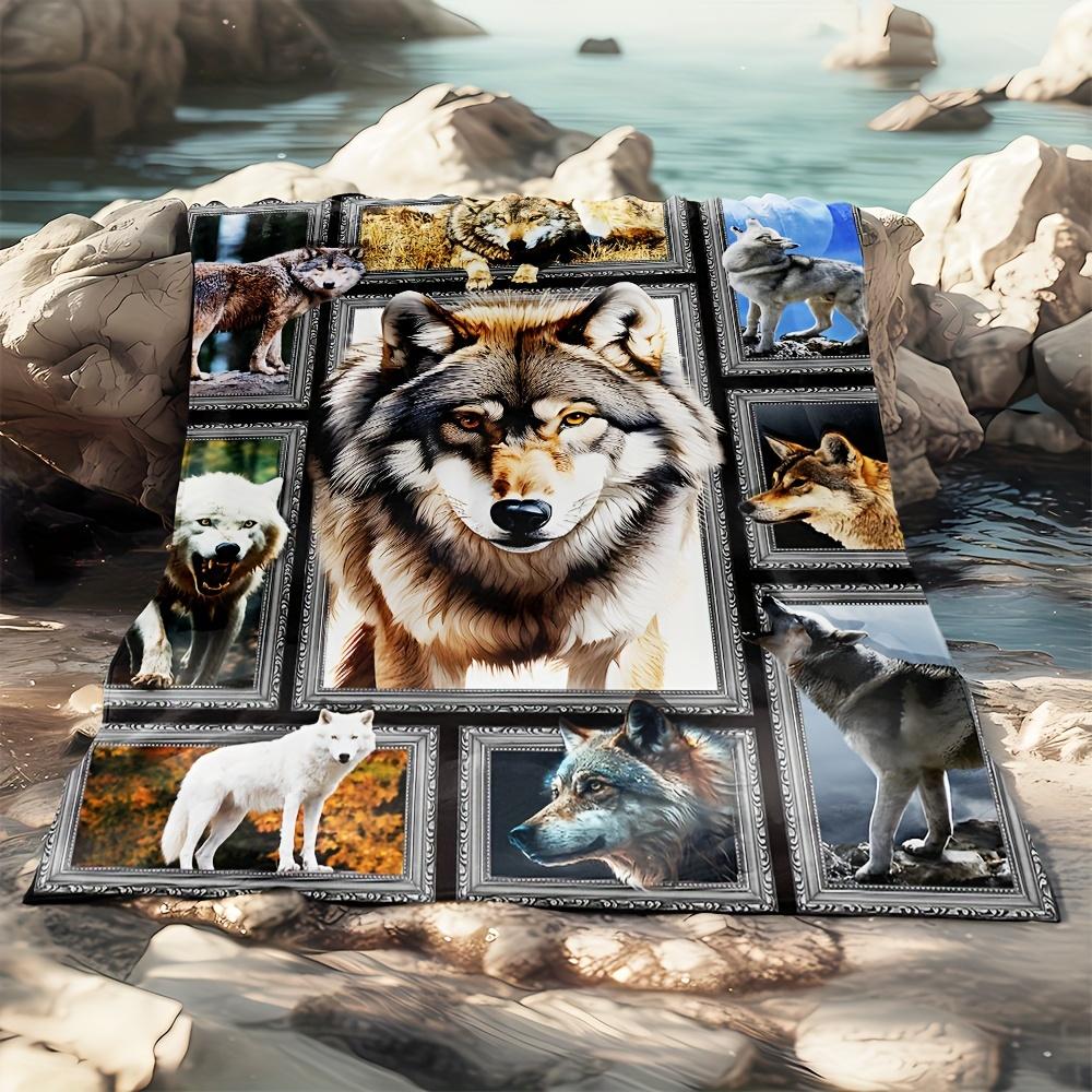 Wolf Photo Frame Collage Flannel Throw Blanket Wild Animal Wolf Portrait Print Warm Sofa Bed Blanket