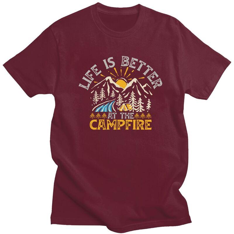 Custom Life Is Better Campfire Mountain Camping T Shirt for Men Pure Cotton Tshirt Fashion Tees Tshirt Loose Fit Clothing Gift