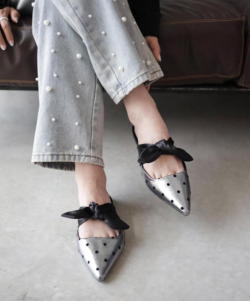 Pointed Toe Flat Ribbon Mules for [Sest] Women, Medium, Silver, dts2400-SILDOT-M