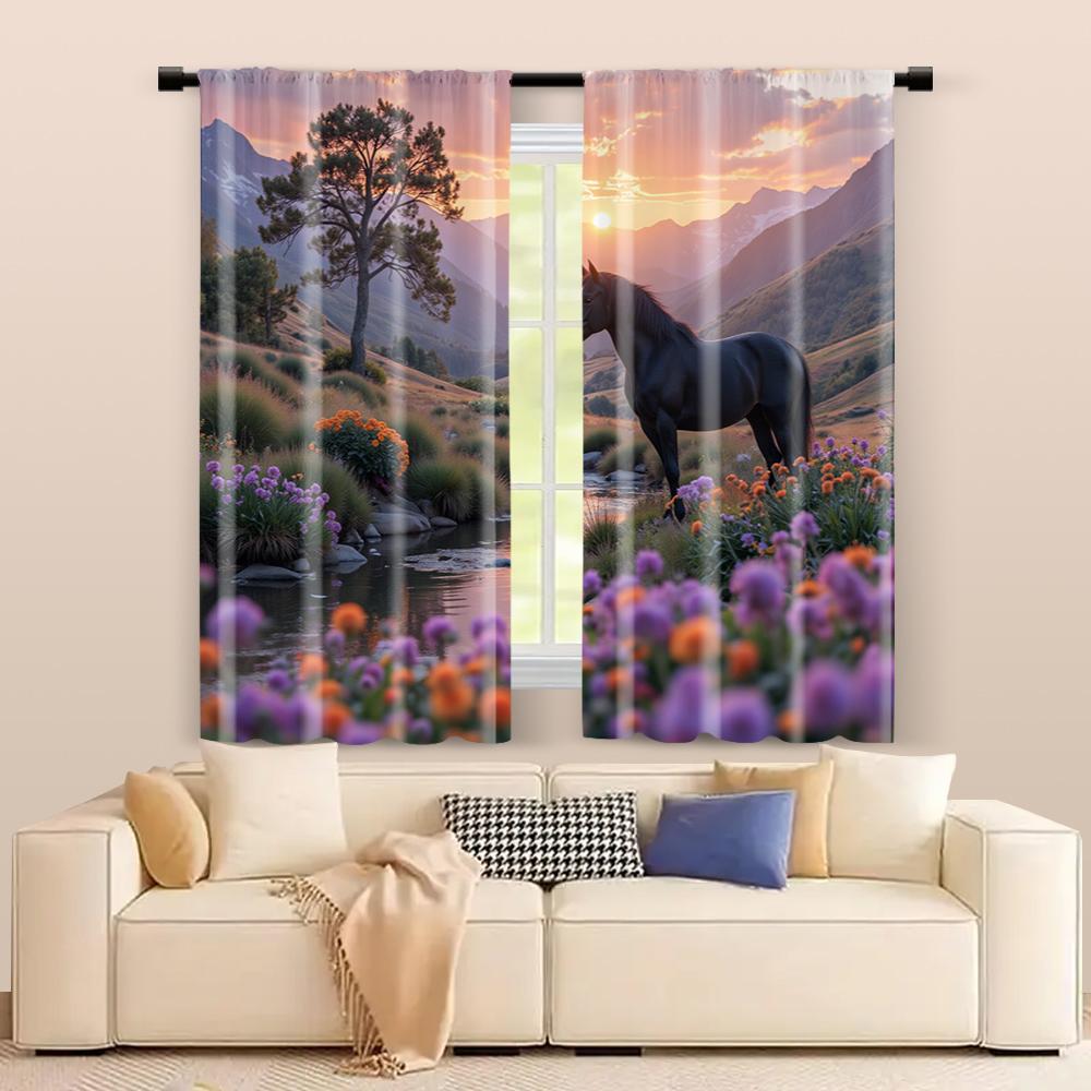 2 pcs   filtering curtains (excluding rods   non-movable   without batteries) Vintage River Valley Horse Dusk for use in bedrooms