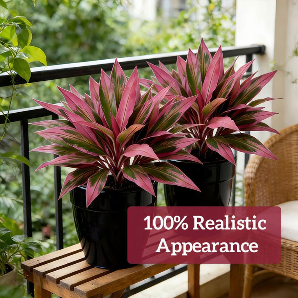 large and realistic artificial Boston ferns and dragon blood trees, artificial cordyceps plants, vibrant pink purple leaves