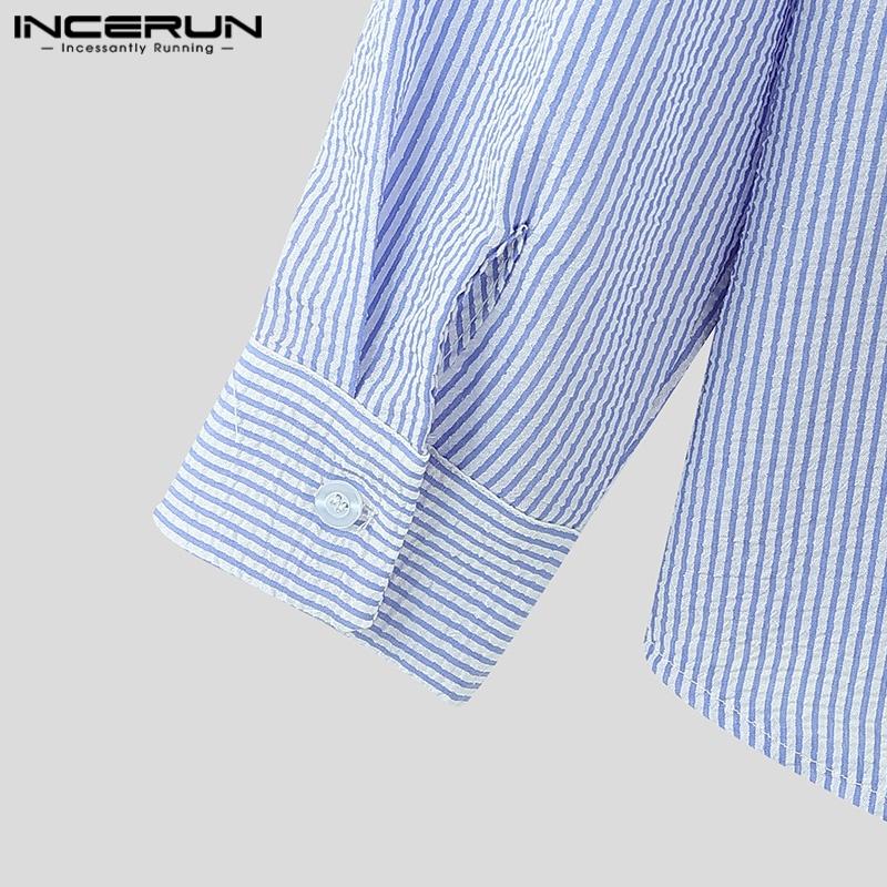 INCERUN Men Lapel Long Sleeve Striped Print Shirts Semi-Sheer Texture Tops