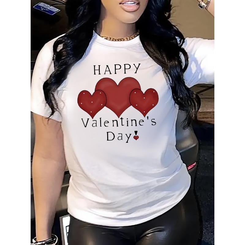 

European Size [Heart Print T-Shirt] Women S Casual Short Sleeve T-Shirt with Happy Valentine S Day Heart Print 4XL