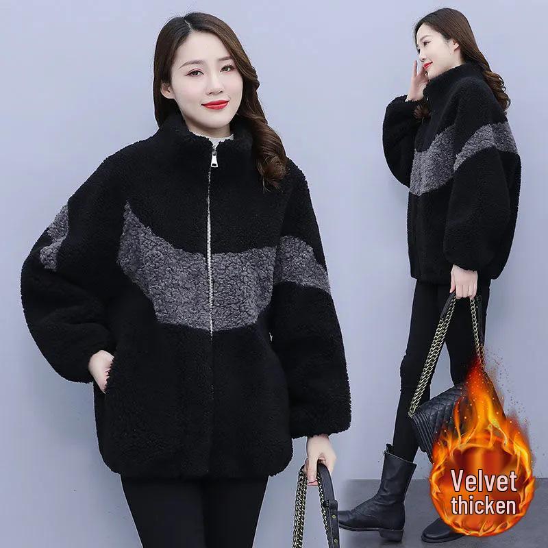 Women's Plus Size Color Block Lamb Wool Coat - Autumn/Winter Fashion Loose Fleece Outerwear