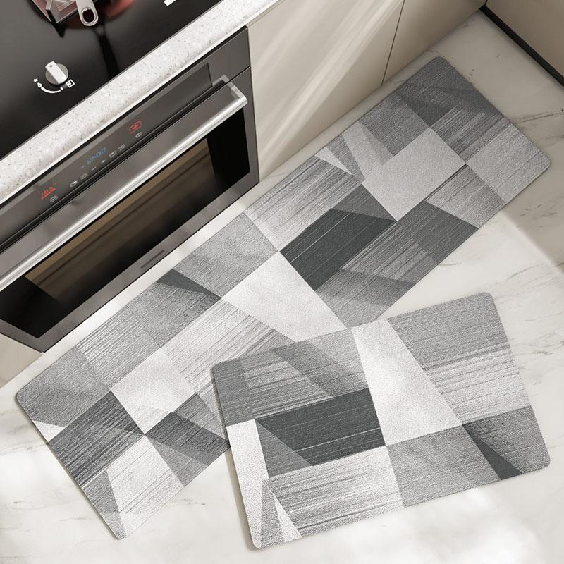 1pcs Waterproof Kitchen Carpet for Floor Oilproof PVC Plaid Kitchen Rug Anti Slip PU Leather Floor Mat Doormat Long Tapete Gray