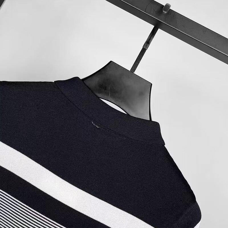 Herren Sommer Slim Gestreiftes Kurzarm-Poloshirt - Trendiges, lässiges Strick-T-Shirt mit Revers in Kontrastfarbe