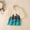 Women Casual Turn Down Collar Color-Block Loose Summer Half Sleeve Blouse