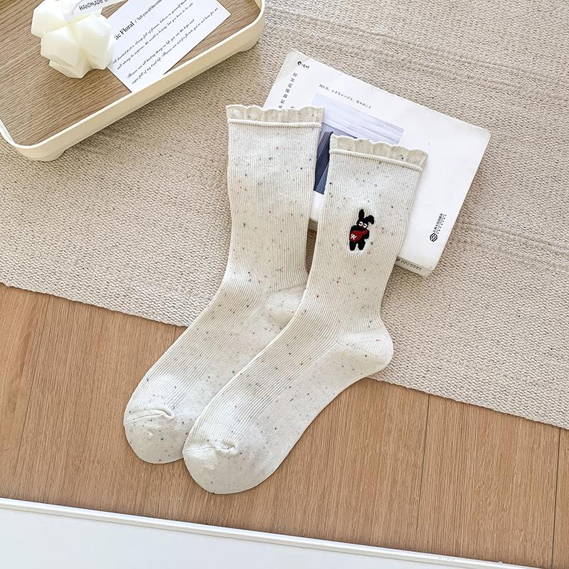 Lace Socks, Women's Summer Thin Mid-calf Socks, Trendy and Cute Embroidered Long Socks, Grey Spring and Autumn Pile Socks