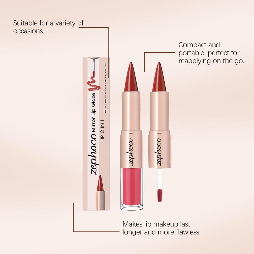 Zephoco Zweifarbiger Spiegel-Lipgloss - Feuchtigkeitsspendend, Seidiges Rotbraun & Nude-Rosa