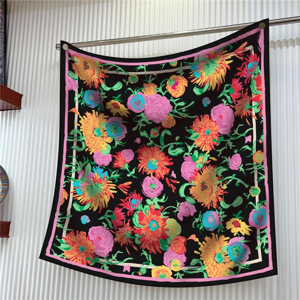 Silk Scarf Women Floral Printed Square Scarves Head Echarpes Silk Foulards Femme Wraps Beach Shawls Bandana Lady Hijabs 90CM