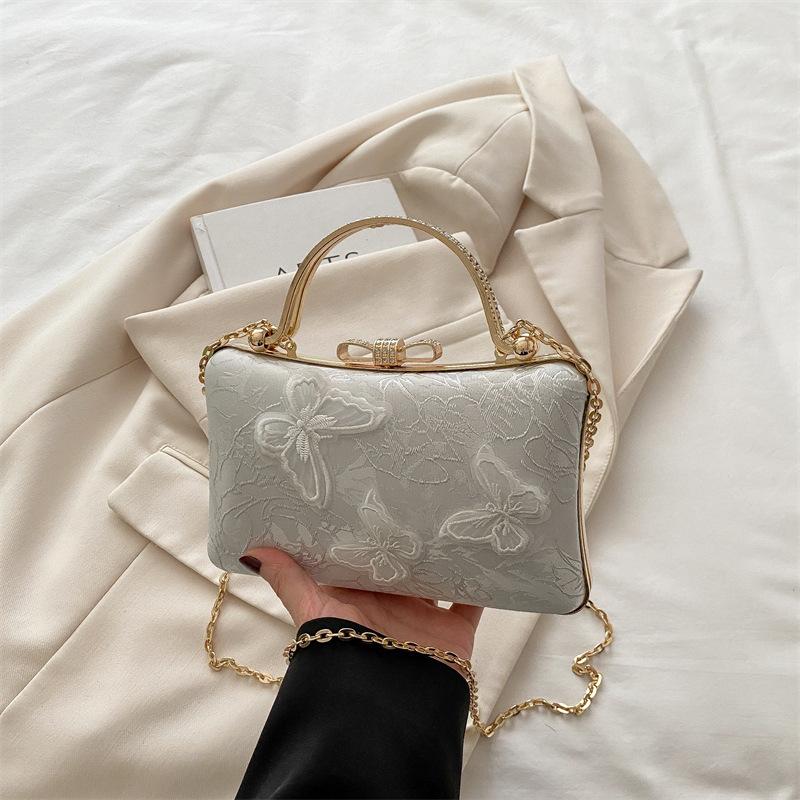2025 New Women's Bag White Portable Small Square Bag New Chinese Jacquard Sweet Wind Butterfly Bridal Bag Dinner Bag