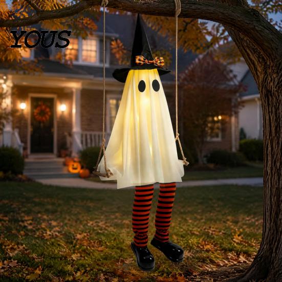 Einfach aufzubauen Halloween Geist Hängende Schaukel Dekoration, Leuchtend Große Schwingende mit Beleuchteter Veranda Dekor Hexenhut Und Gestreifte Beine für Hof Terrasse Garten