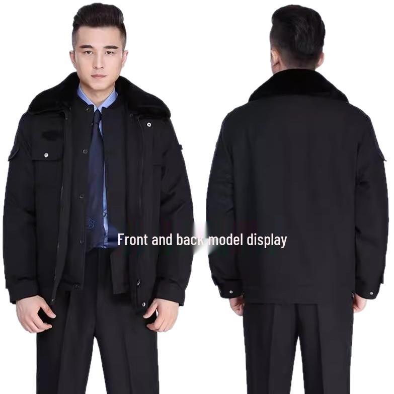 Zimowy mundur służbowy ochrony: Pogrubiony Zestaw Bawełnianej Kurtki i Płaszcza na Ciepło i Ochronę przed Zimnem.