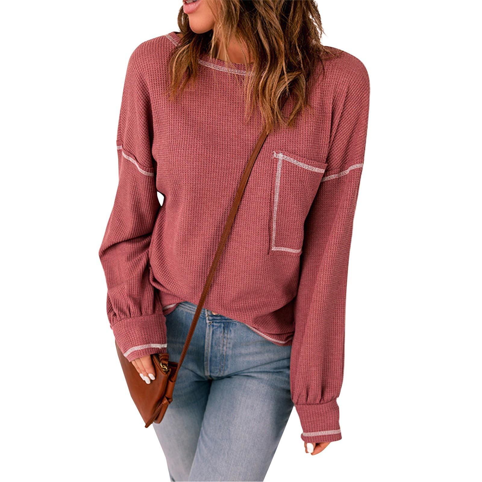 

Женский однотонный осенний вязаный топ с длинными рукавами и карманами и круглым вырезом XL красный