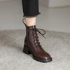Fashion Square Toe Lace-up Women's Ankle Boots Leather Heeled Warm Booties Autumn Winter Footwear High Quality Female Short Shoes Sale
