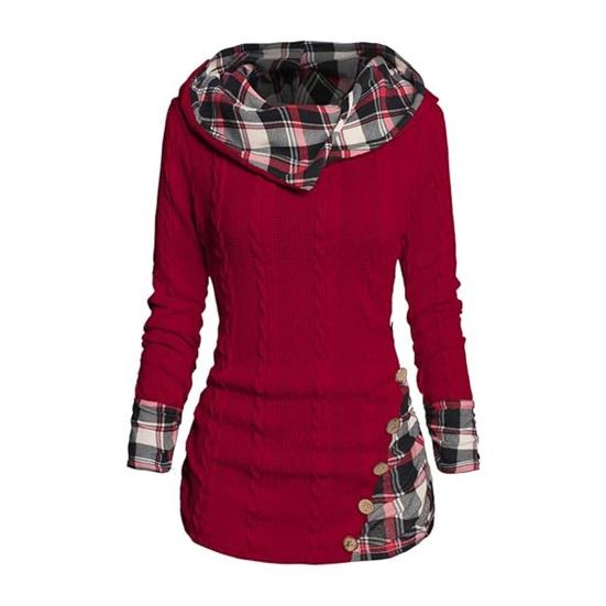 Винтажный лоскутный клетчатый свитер с пуговицами декор повседневный вязаный свитшот с длинным рукавом и капюшоном женская осенне-зимняя толстовка средней длины S красный 3183₽