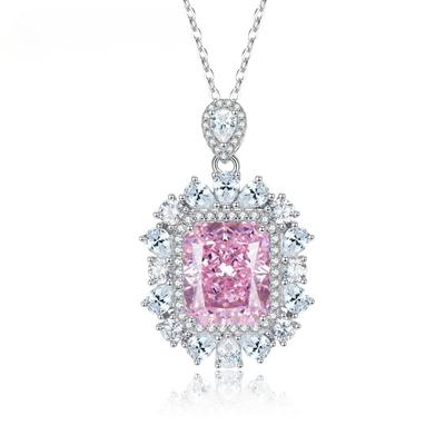 S925 100% Sterling Silver Necklace Radiant High Carbon Diamond 10*12mm Pendant Pink Gemstone Wedding Engagement Jewelry