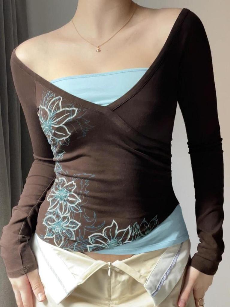 2025 Herbst Amerikanischer Retro-Farbblock Zweiteilig Schmal Geschnitten Damen-T-Shirt