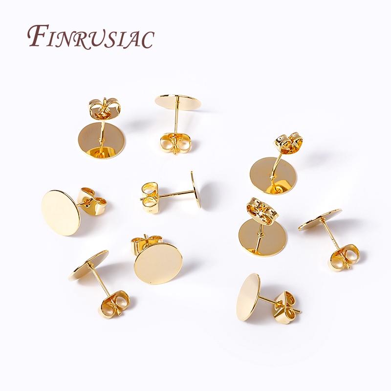 Ear Post with 8/10/12MM Pad 18K Gold-Plated Brass Metal Blank Post Earring Studs Base Pins DIY Earring Jewelry Making Findings