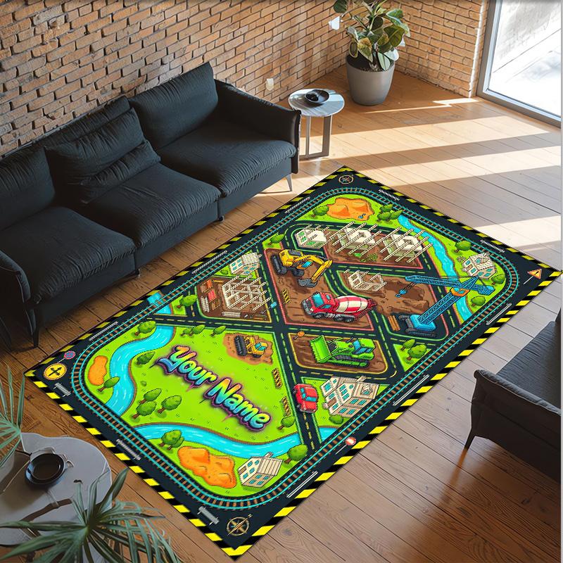 Construction Vehicles Theme Crystal Velvet Rug Personalized Custom Name Text Soft Floor Mat Home Decor