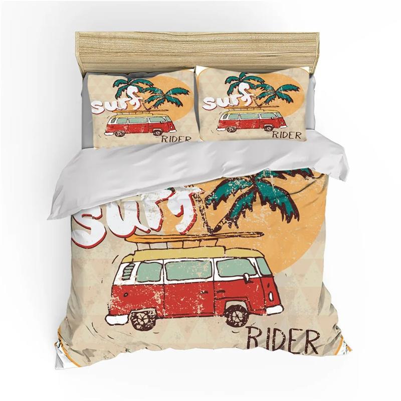 Surf Duvet Cover Hippie Classic Old Bus Surfboard Freedom Holiday Exotic Life Sketchy Art Yellow Orange Room Decor for Women Men