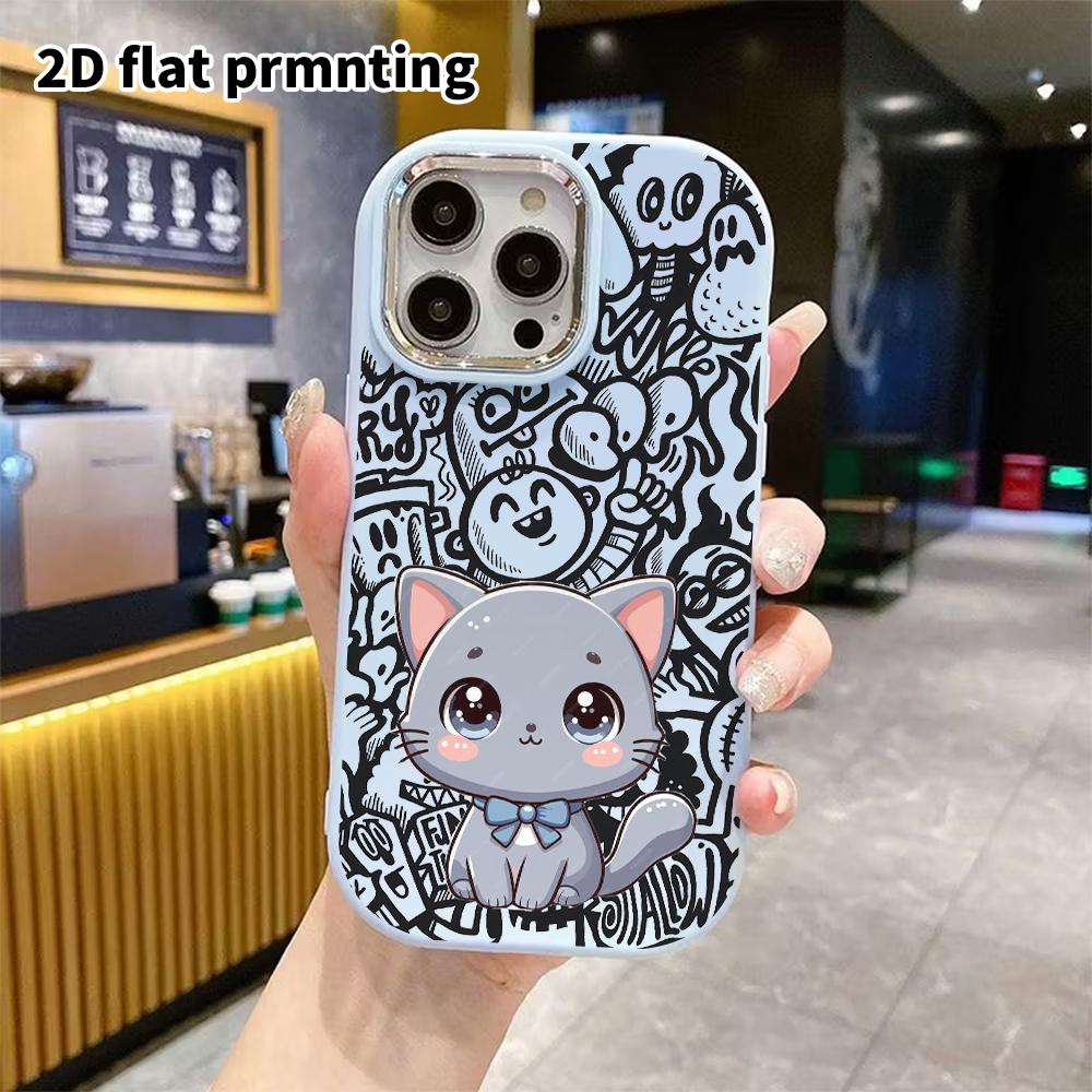 Phone Case: 2D Flat Design Suitable for iPhone 18 17 16 15 14 13 Pro Protective Case, Couple Style, Blue Bow Gray Cat, Christmas and Halloween Gifts