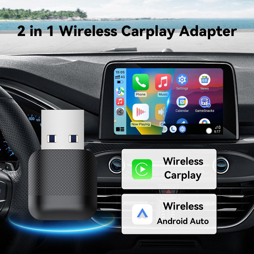 2 IN 1 Wireless Carplay Adapter Wired to Wireless carplay Adapter Plug & Play For Car With Wired CarPlay/ Android Auto