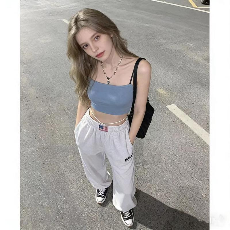 Women's Retro High-Waist American Flag Patch Grey Sweatpants - Y2K Wide-Leg Street Style