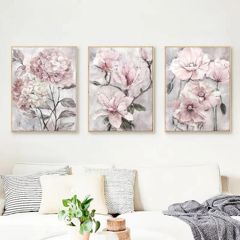 3pcs Pink Flowers Posters Frameless Wall Art Canvas Prints Floral Nordic Paintings Home Decor Pictures For Living Room