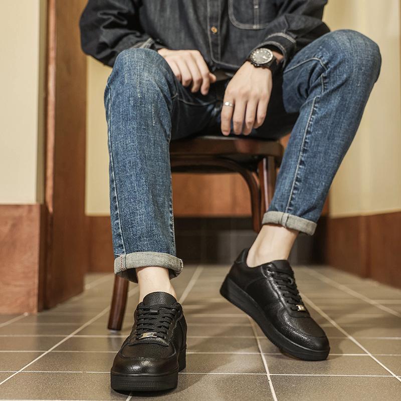 Men's Handcrafted Leather Casual Sneakers, Comfortable Breathable Lace - Up Shoes with Thickened Heel Design for Trendy Outfits