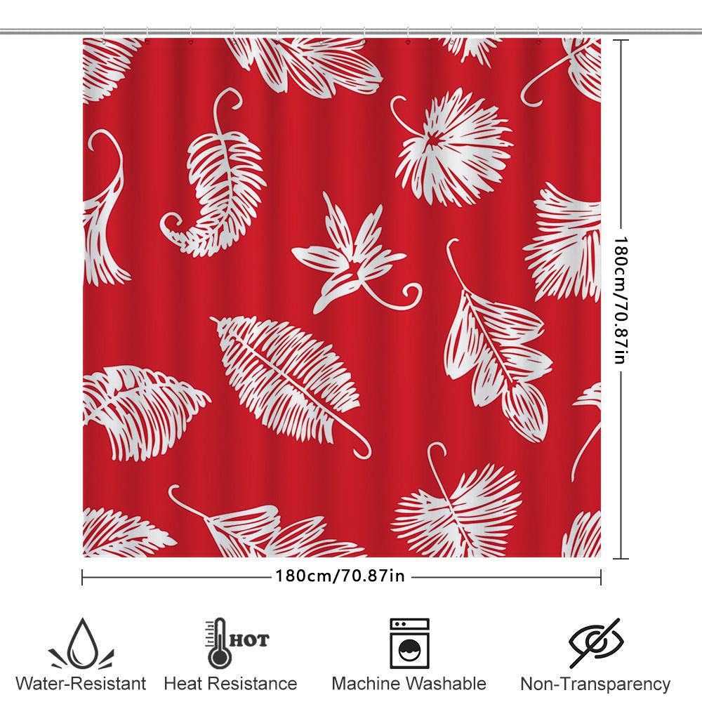 Red And White Palm Leaf Shower Curtain Waterproof Fabric Bathroom Decor Bath Accessories For Home Decoration Size 72X72 Inches (