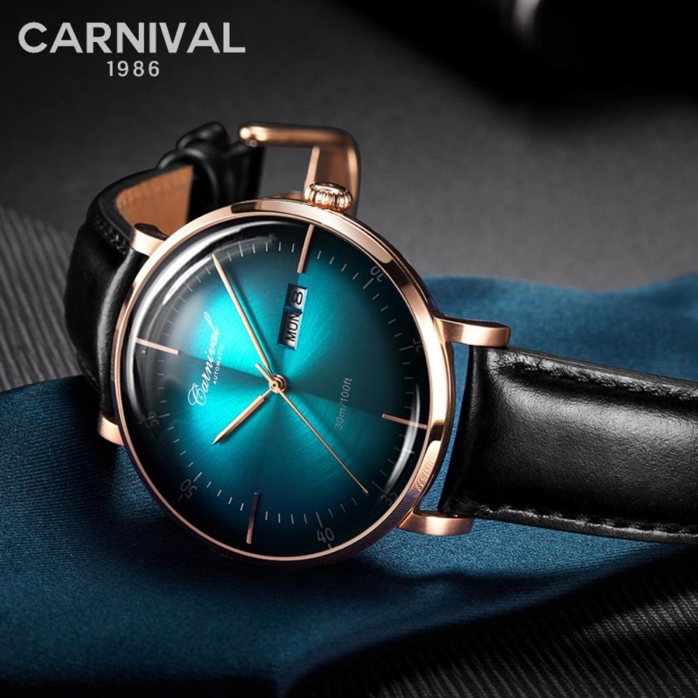 Carnival Marke 3D Gewölbtes Zifferblatt Luxus Automatikuhr für Mann Leder Wochentag Datum MIYOTA Mechanische Uhr Sport-Armbanduhr Männlich