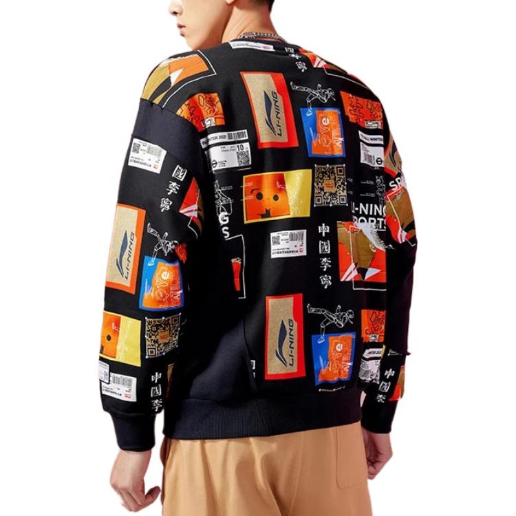 Li Ning Wade Series Musterdruck Gespleißtes Lockeres Rundhals-Sweatshirt Herren Sweatshirt Schwarz AWDRA83-1