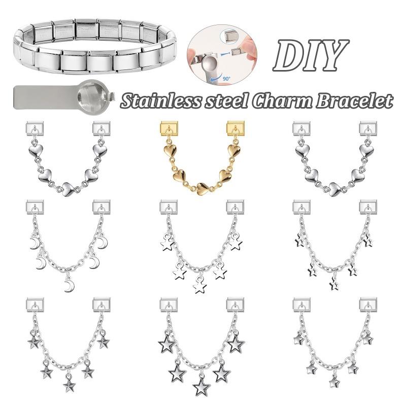Women Fashion Zircon Star Butterfly Golden Heart Tassel Chain Italian Charms Fit 9mm Stainless Steel Bracelet DIY Jewelry Gift